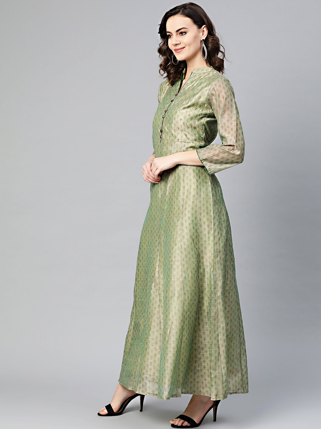 Embellished Anarkali Printed Dress with Ikat Inspired Print
