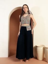 Tasseled Corset Style Crop Top set with Resham Embroidery, Pre-pleated Dupatta & Pocket