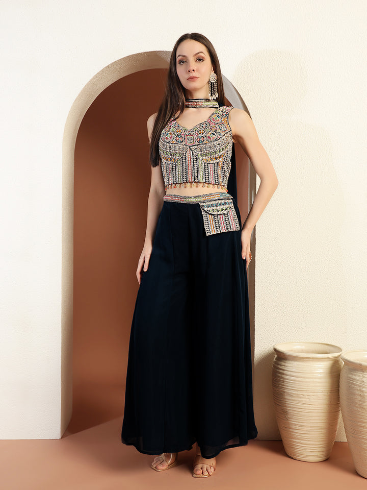 Tasseled Corset Style Crop Top set with Resham Embroidery, Pre-pleated Dupatta & Pocket