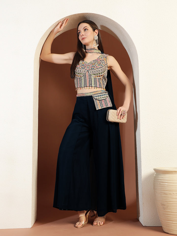 Tasseled Corset Style Crop Top set with Resham Embroidery, Pre-pleated Dupatta & Pocket