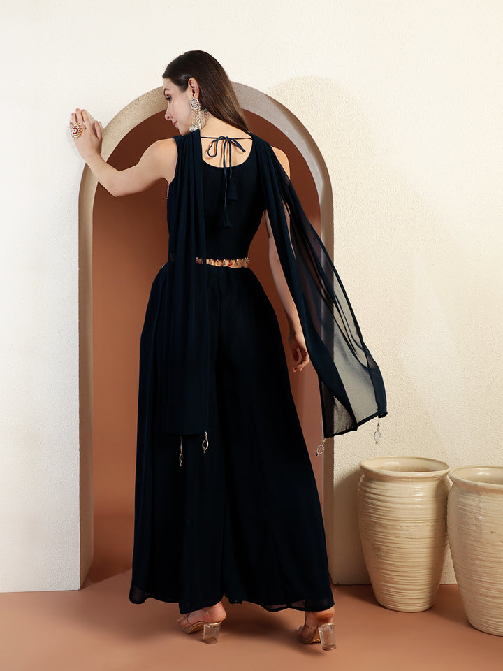 Tasseled Corset Style Crop Top set with Resham Embroidery, Pre-pleated Dupatta & Pocket