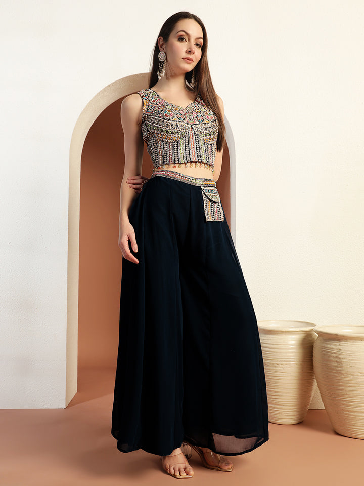 Tasseled Corset Style Crop Top set with Resham Embroidery, Pre-pleated Dupatta & Pocket