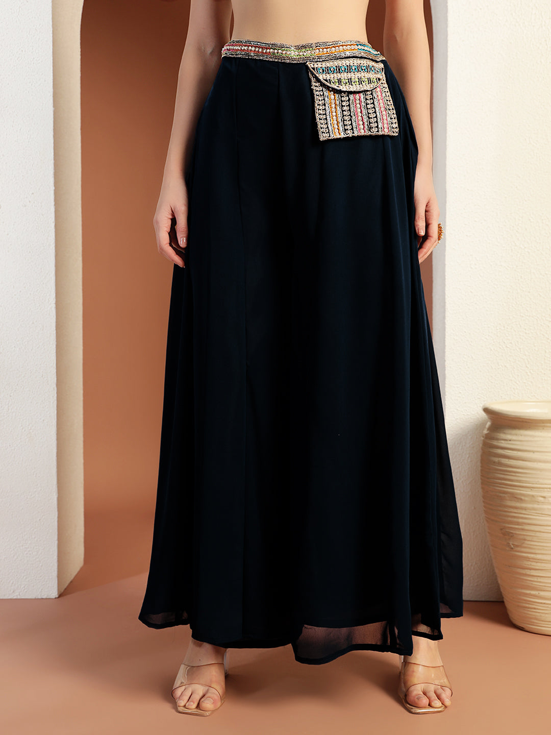 Tasseled Corset Style Crop Top set with Resham Embroidery, Pre-pleated Dupatta & Pocket