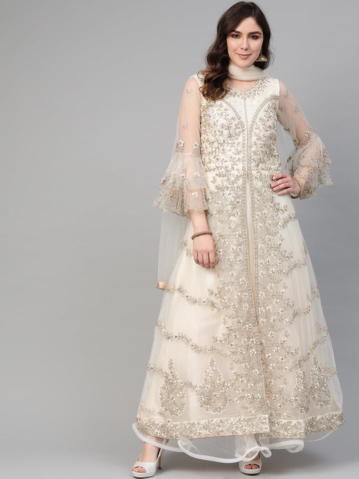 Layered Cocktail Gown with Resham Zari Embroidery