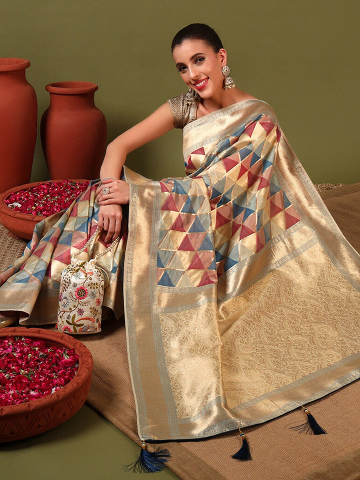 Chhabra 555 Handloom Banarasi Organza Silk Saree with Geometric Ombre Zari Meenakari Weaving