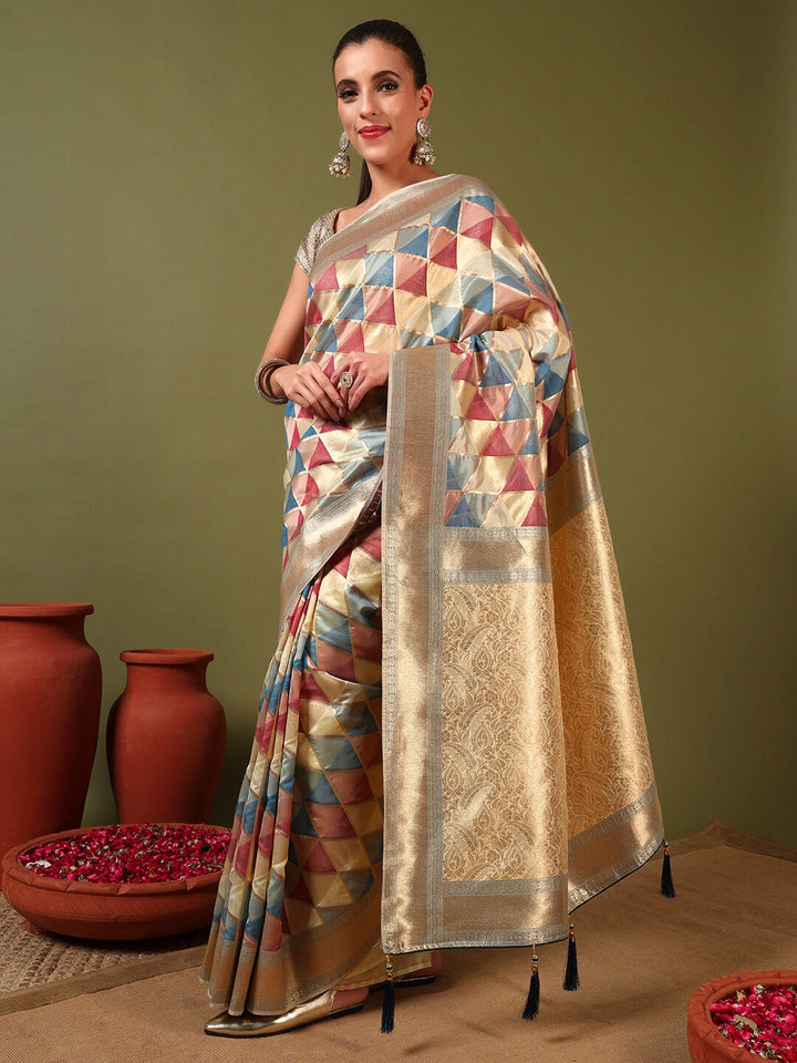 Handloom Banarasi Organza Silk Saree with Geometric Ombre Zari Meenakari Weaving