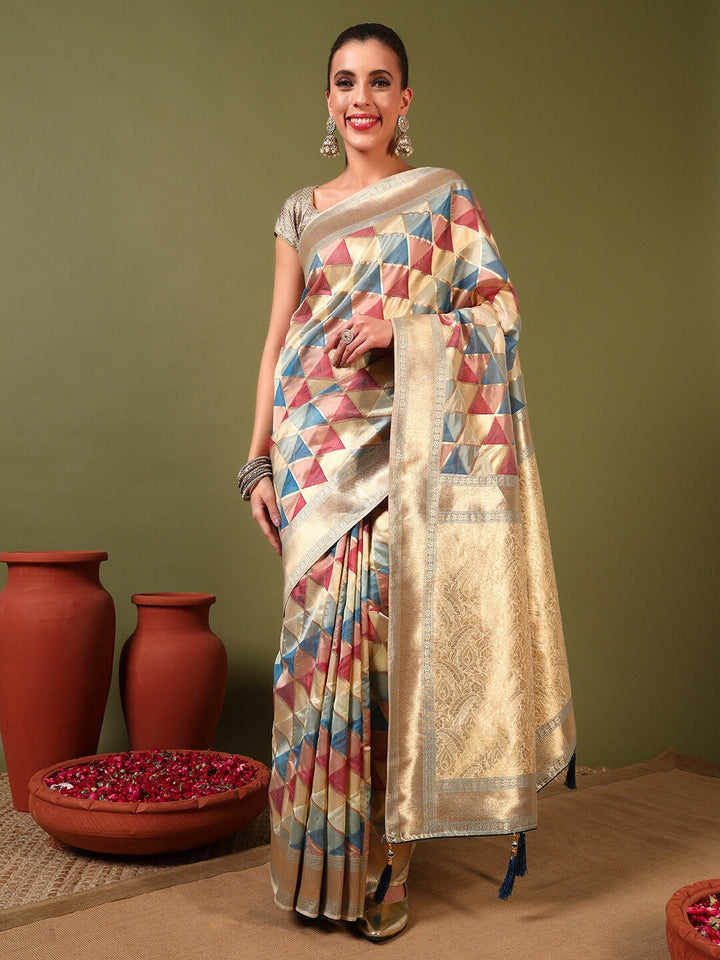 Handloom Banarasi Organza Silk Saree with Geometric Ombre Zari Meenakari Weaving