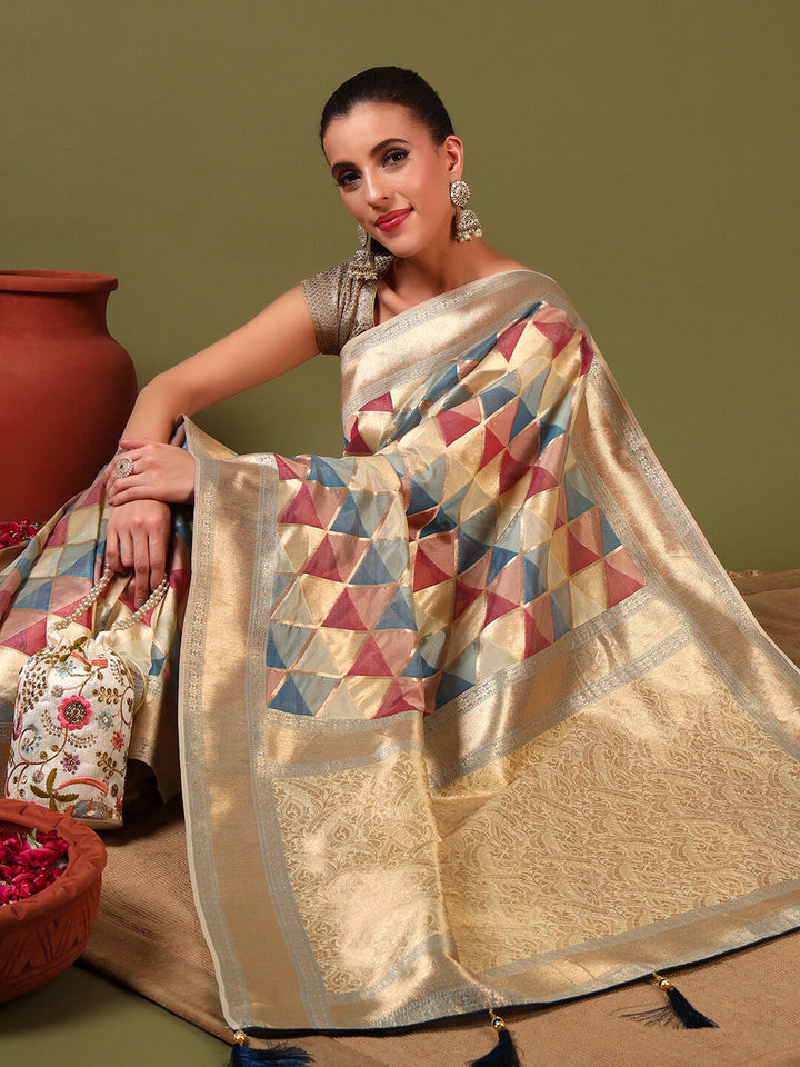 Handloom Banarasi Organza Silk Saree with Geometric Ombre Zari Meenakari Weaving