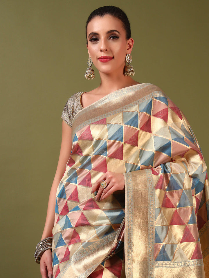 Handloom Banarasi Organza Silk Saree with Geometric Ombre Zari Meenakari Weaving