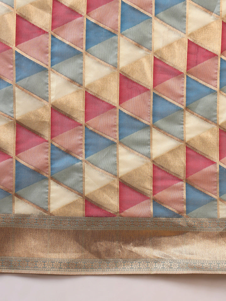 Handloom Banarasi Organza Silk Saree with Geometric Ombre Zari Meenakari Weaving