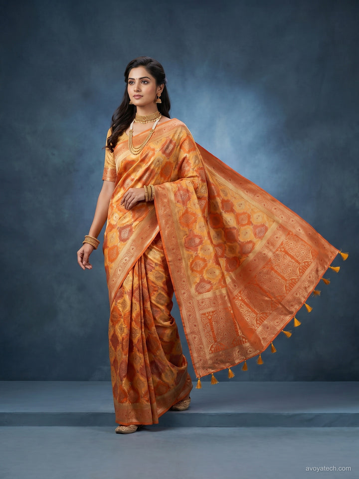 Orange Ikat Print Banarasi Silk Saree with Zari Border and Tassel Pallu