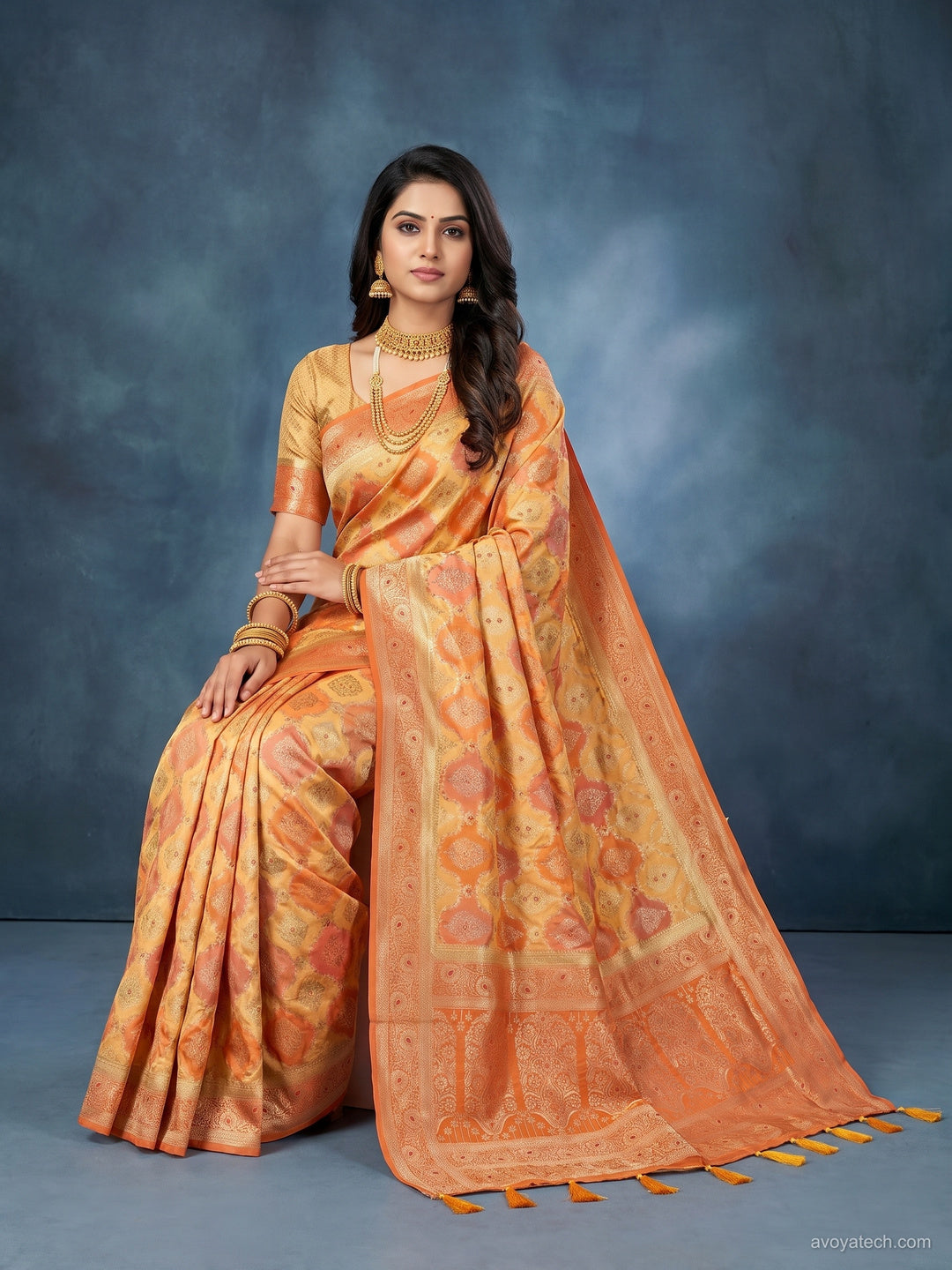 Orange Ikat Print Banarasi Silk Saree with Zari Border and Tassel Pallu
