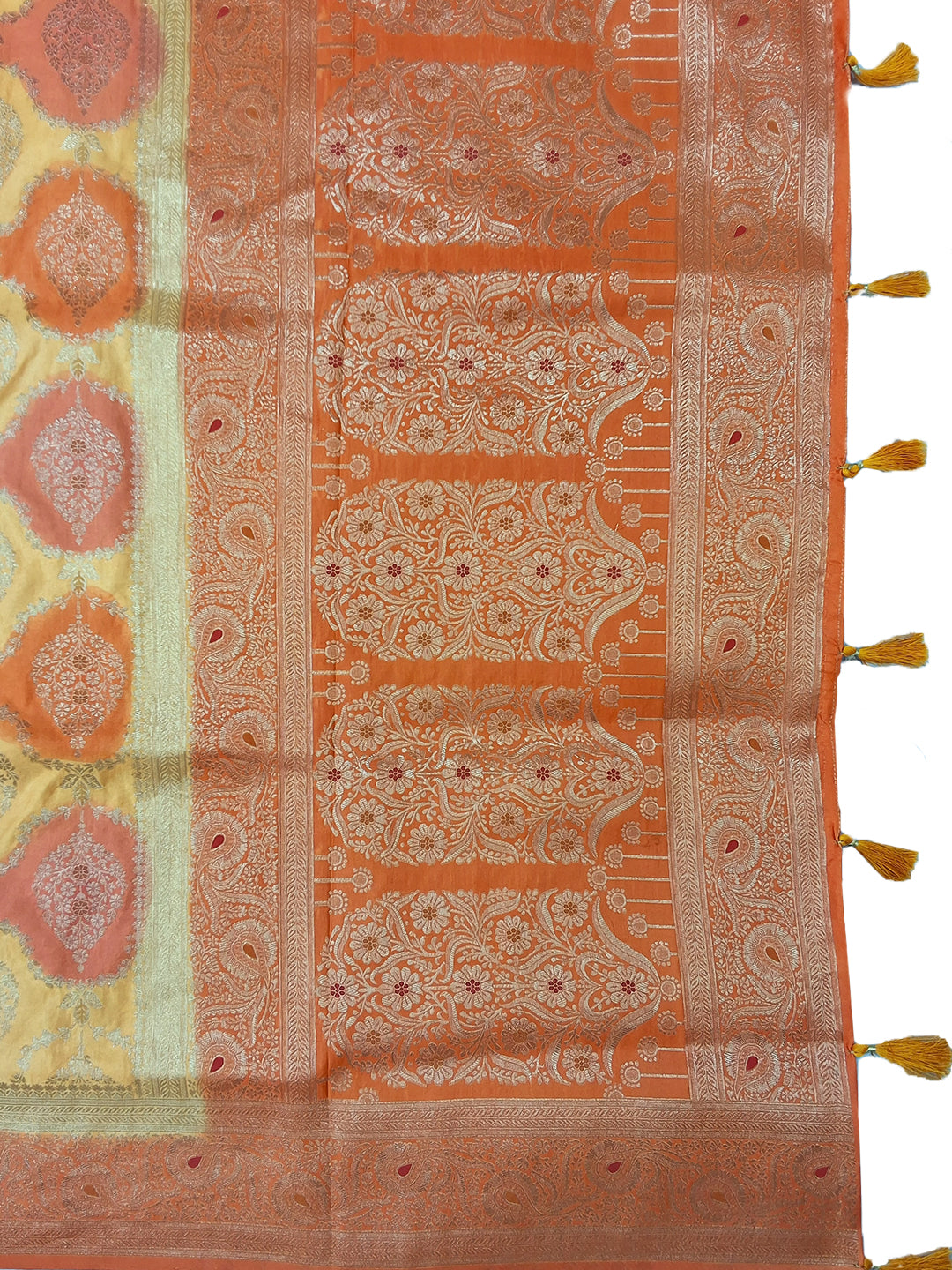 Orange Ikat Print Banarasi Silk Saree with Zari Border and Tassel Pallu