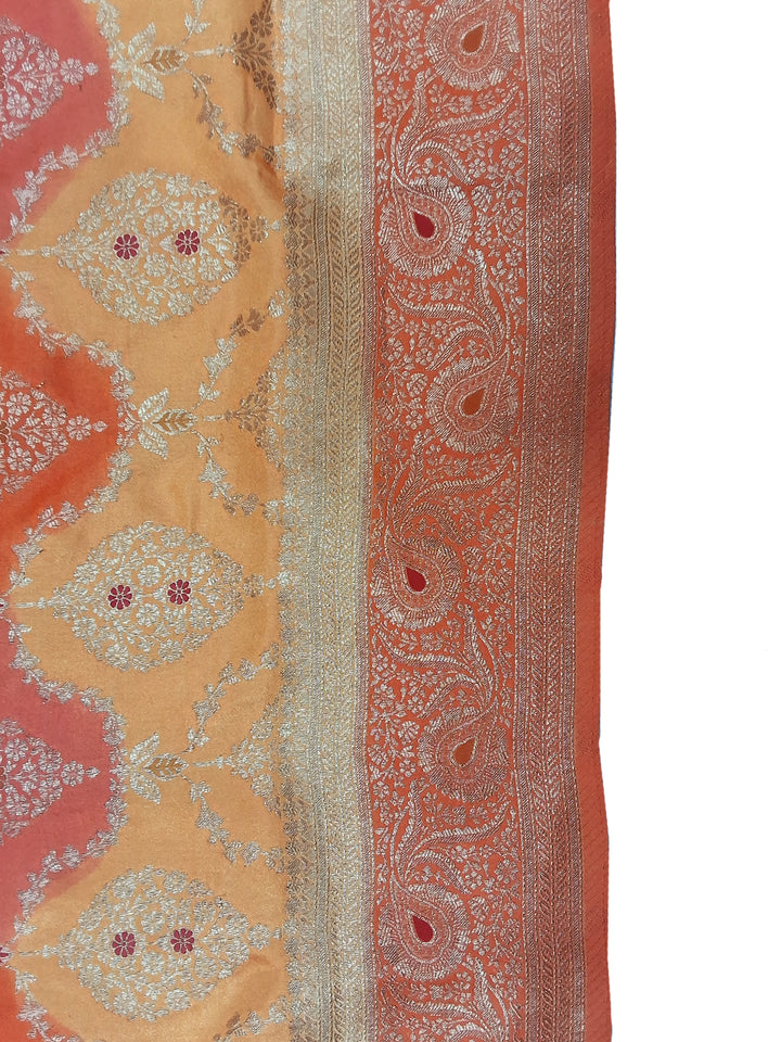 Orange Ikat Print Banarasi Silk Saree with Zari Border and Tassel Pallu