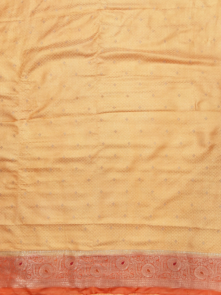 Orange Ikat Print Banarasi Silk Saree with Zari Border and Tassel Pallu