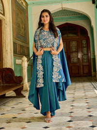 Zari Embroidery Indo-Western Set with Sequinned Shrug, Scalloping & Pleated Dhoti Skirt