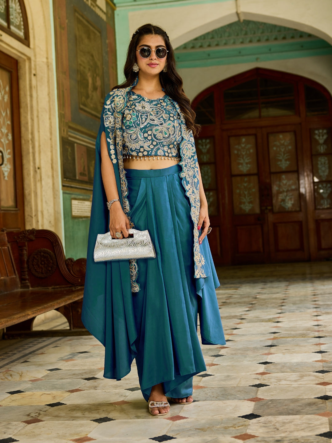 Zari Embroidery Indo-Western Set with Sequinned Shrug, Scalloping & Pleated Dhoti Skirt