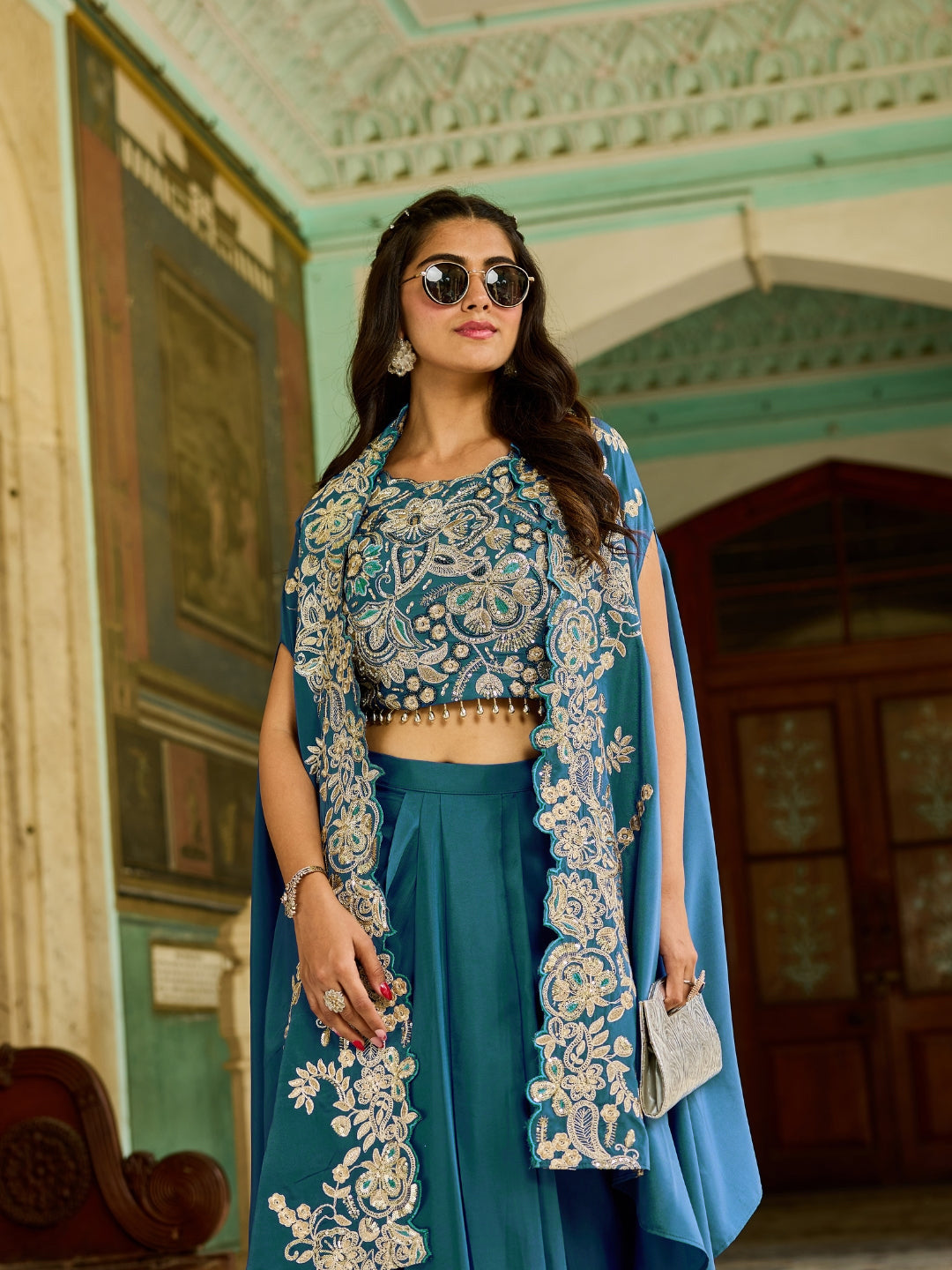Zari Embroidery Indo-Western Set with Sequinned Shrug, Scalloping & Pleated Dhoti Skirt