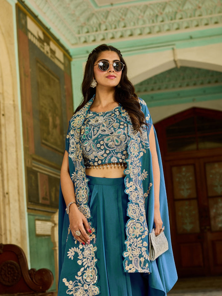 Zari Embroidery Indo-Western Set with Sequinned Shrug, Scalloping & Pleated Dhoti Skirt