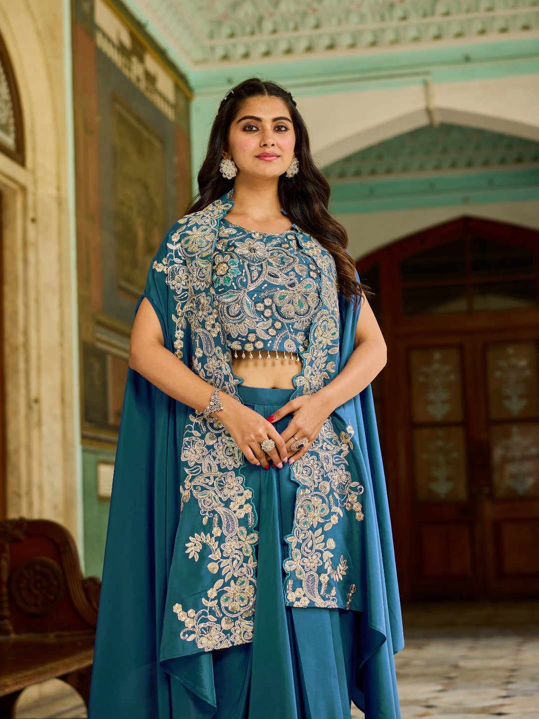 Zari Embroidery Indo-Western Set with Sequinned Shrug, Scalloping & Pleated Dhoti Skirt