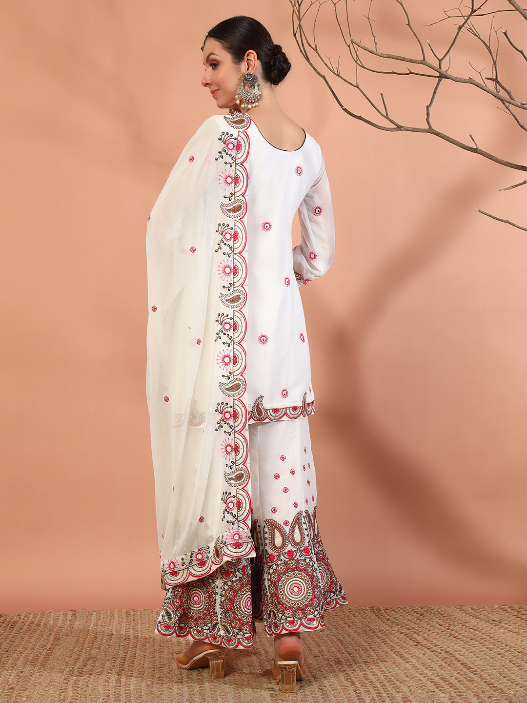 Cream Multi Color Thread & Mirror Embroidery Kurta Geogette Palazzo Set & Ethnic motifs