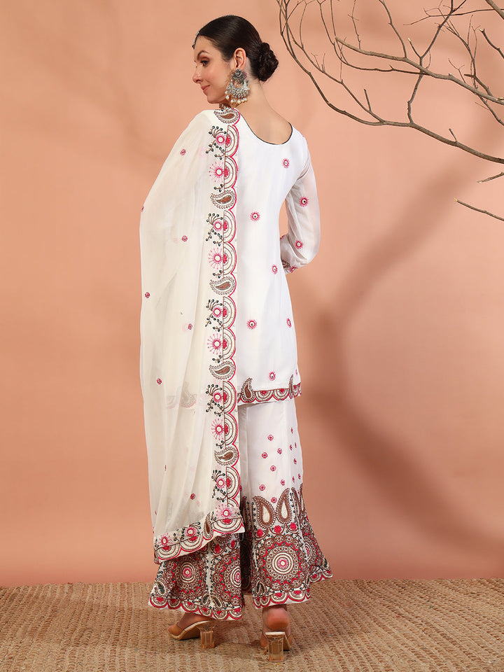 Cream Multi Color Thread & Mirror Embroidery Kurta Geogette Palazzo Set & Ethnic motifs