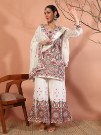 Chhabra 555 Cream Multi Color Thread & Mirror Embroidery Kurta Geogette Palazzo Set & Ethnic motifs