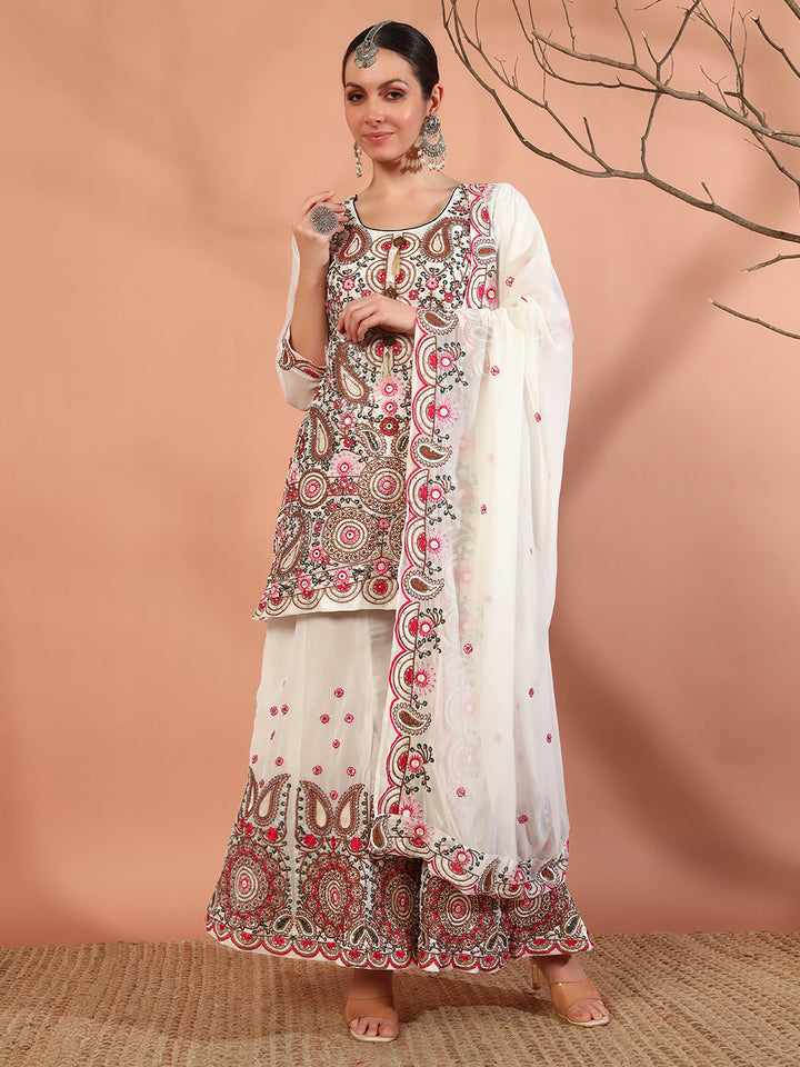 Cream Multi Color Thread & Mirror Embroidery Kurta Geogette Palazzo Set & Ethnic motifs