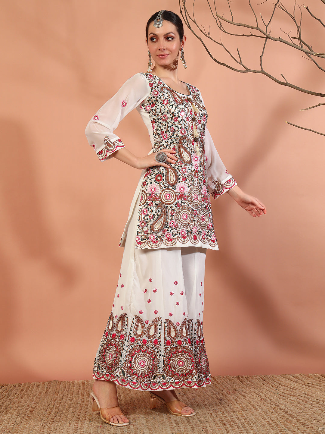 Cream Multi Color Thread & Mirror Embroidery Kurta Geogette Palazzo Set & Ethnic motifs