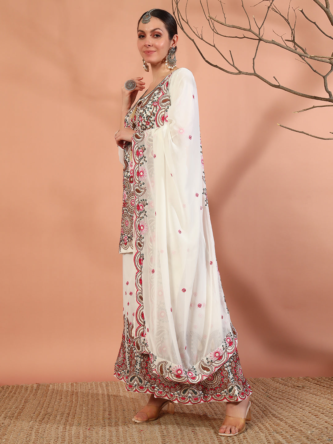 Cream Multi Color Thread & Mirror Embroidery Kurta Geogette Palazzo Set & Ethnic motifs
