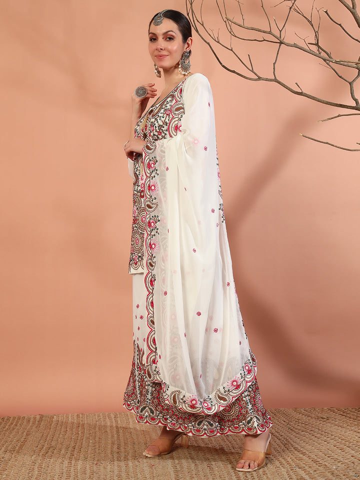 Cream Multi Color Thread & Mirror Embroidery Kurta Geogette Palazzo Set & Ethnic motifs
