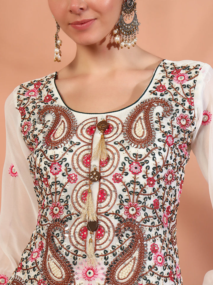 Cream Multi Color Thread & Mirror Embroidery Kurta Geogette Palazzo Set & Ethnic motifs