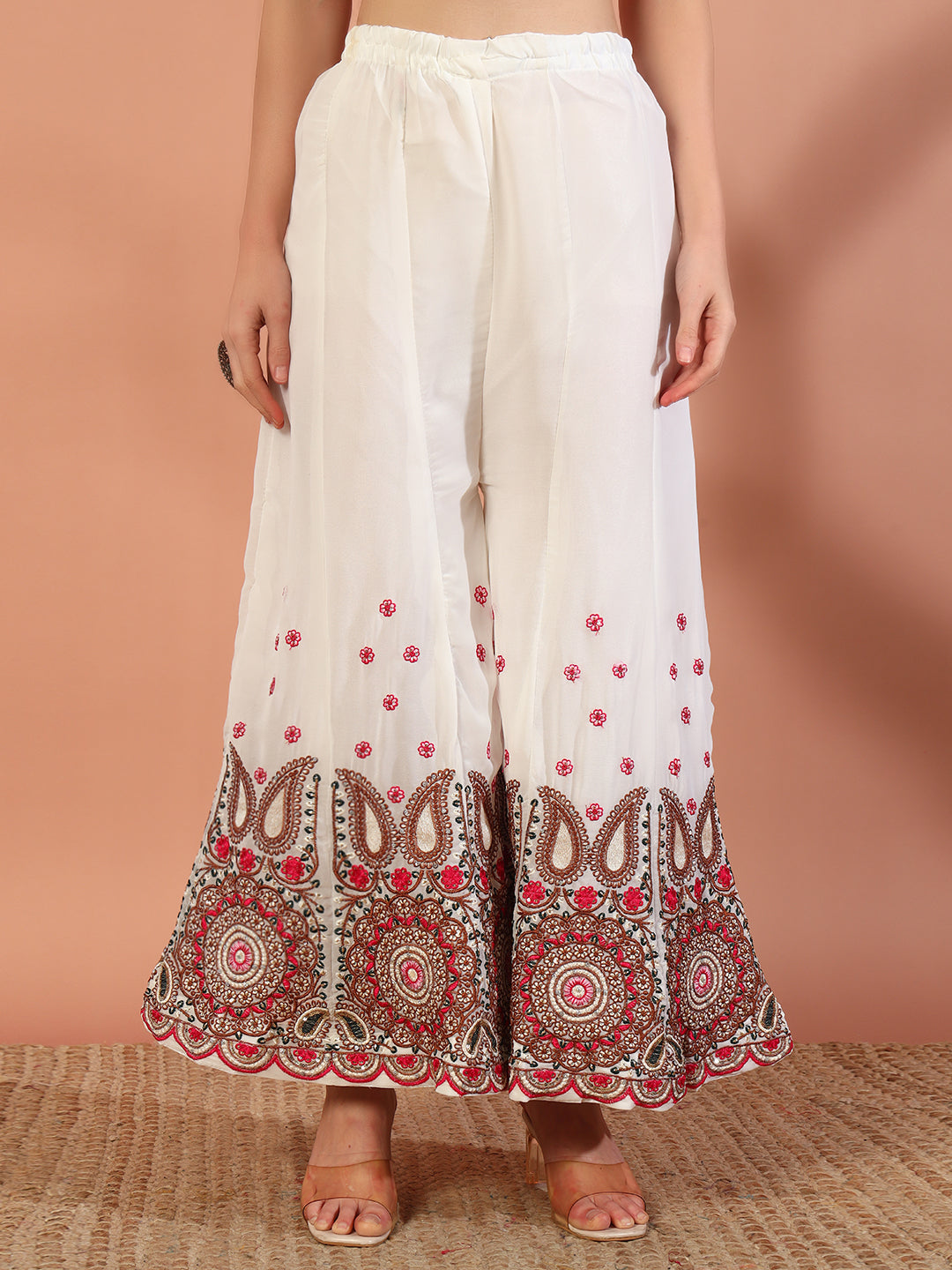 Cream Multi Color Thread & Mirror Embroidery Kurta Geogette Palazzo Set & Ethnic motifs