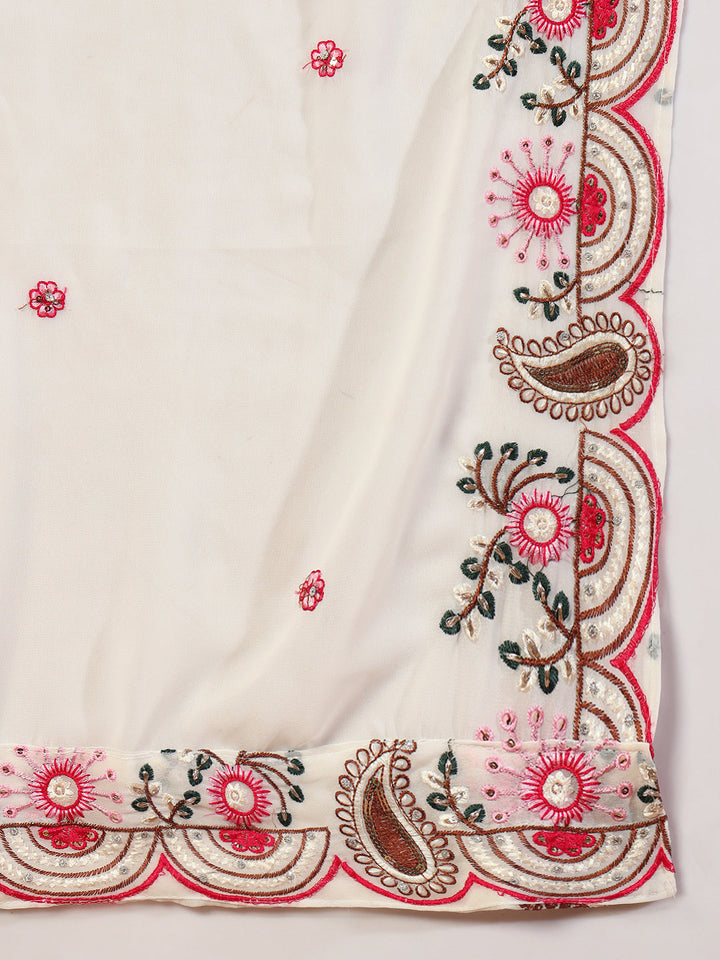 Cream Multi Color Thread & Mirror Embroidery Kurta Geogette Palazzo Set & Ethnic motifs