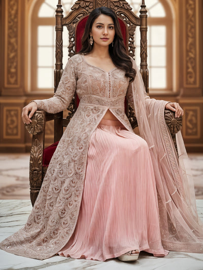 Chhabra 555 Sequinned Resham Embroidered Long Front-Slit Kurta with Pleated Lehenga & Dupatta