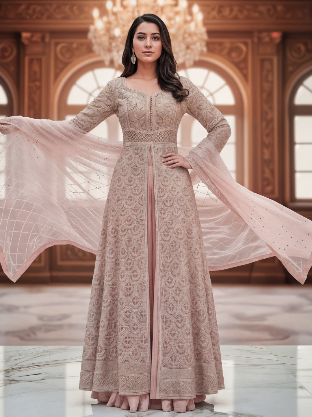 Sequinned Resham Embroidered Long Front-Slit Kurta with Pleated Lehenga & Dupatta