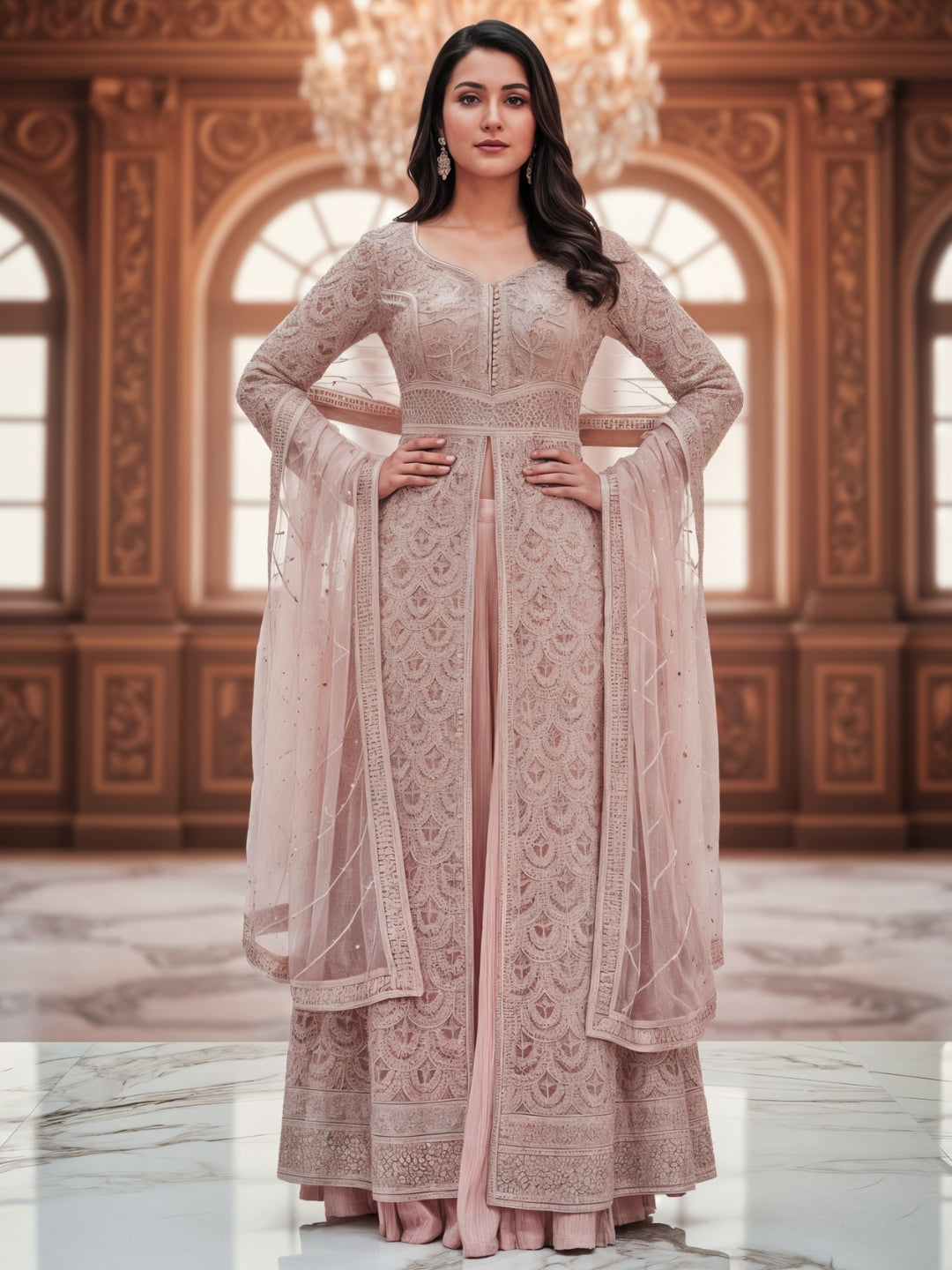 Sequinned Resham Embroidered Long Front-Slit Kurta with Pleated Lehenga & Dupatta