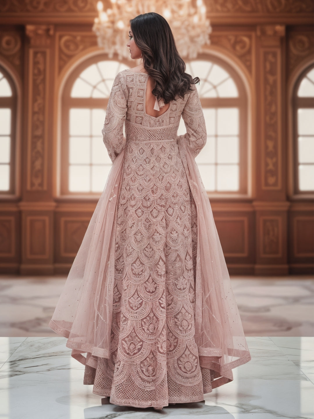 Sequinned Resham Embroidered Long Front-Slit Kurta with Pleated Lehenga & Dupatta