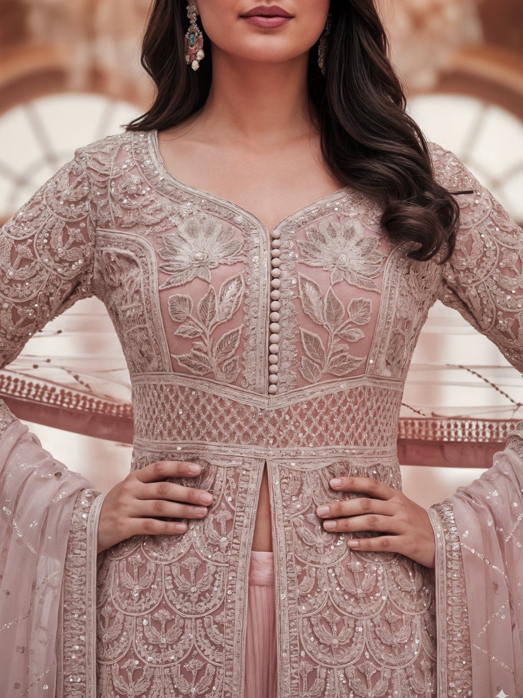 Sequinned Resham Embroidered Long Front-Slit Kurta with Pleated Lehenga & Dupatta