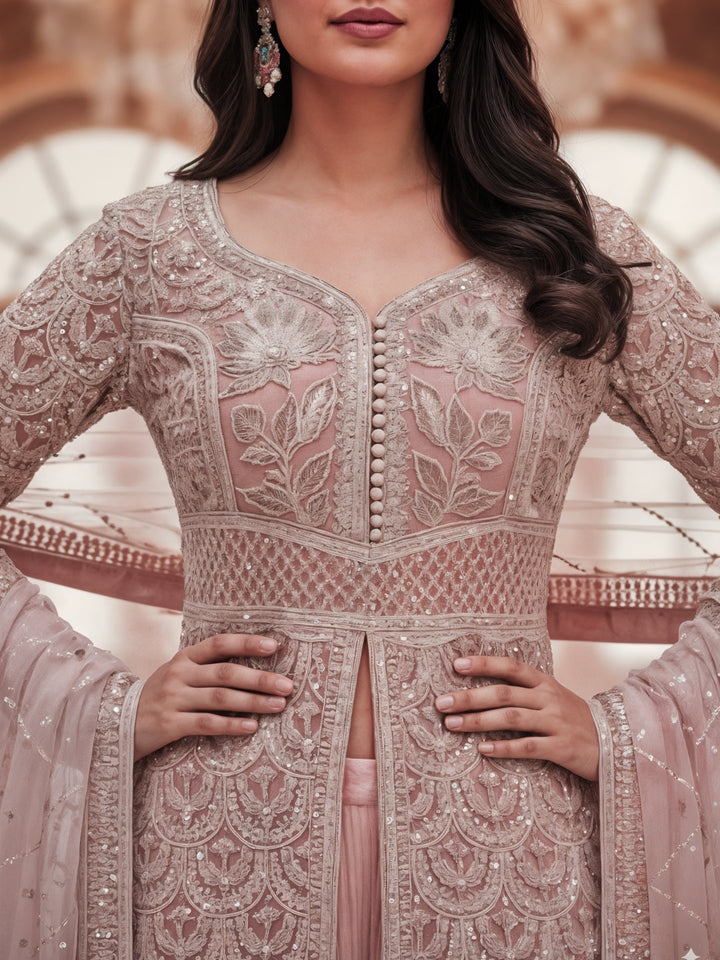 Sequinned Resham Embroidered Long Front-Slit Kurta with Pleated Lehenga & Dupatta