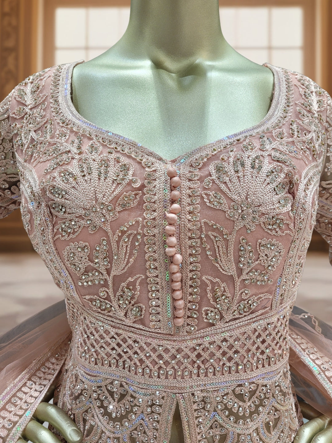 Sequinned Resham Embroidered Long Front-Slit Kurta with Pleated Lehenga & Dupatta