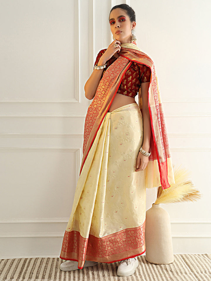 Colorblocked Banarasi Silk Saree with Meenakari Zari Floral Motifs