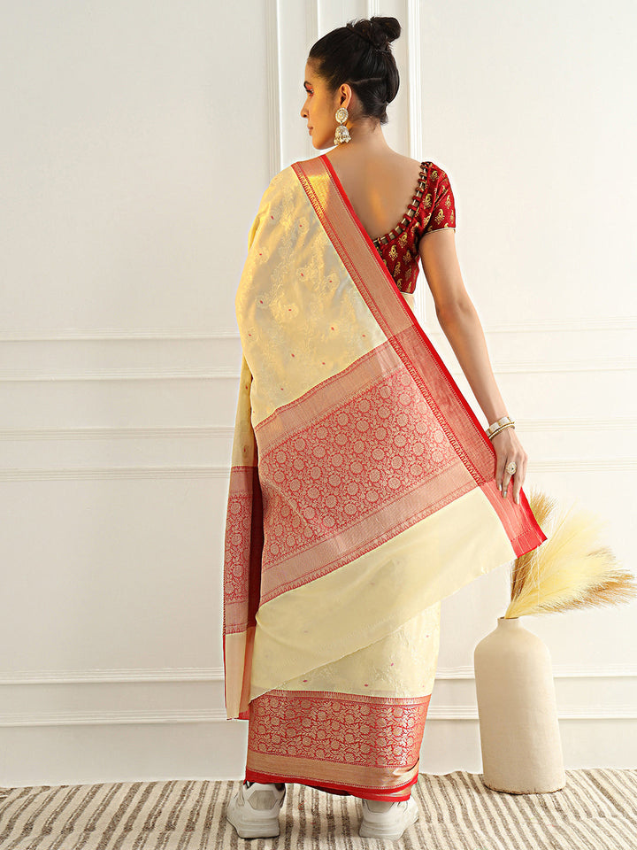 Colorblocked Banarasi Silk Saree with Meenakari Zari Floral Motifs