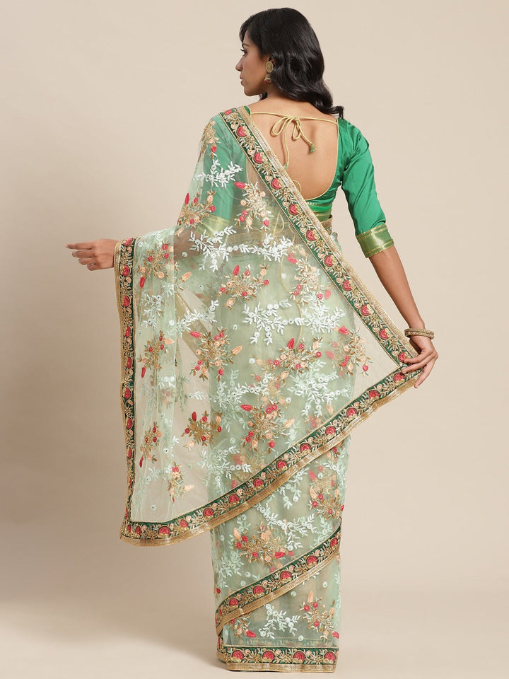 Mint Green Stylized Net Resham Embroidered Saree Embellished With Heavy Border