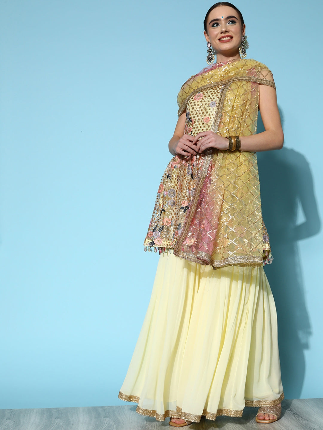 Pale Yellow Sequin & Resham Floral Embroidered Peplum Sharara Set