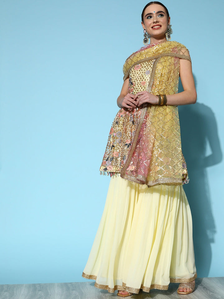 Pale Yellow Sequin & Resham Floral Embroidered Peplum Sharara Set