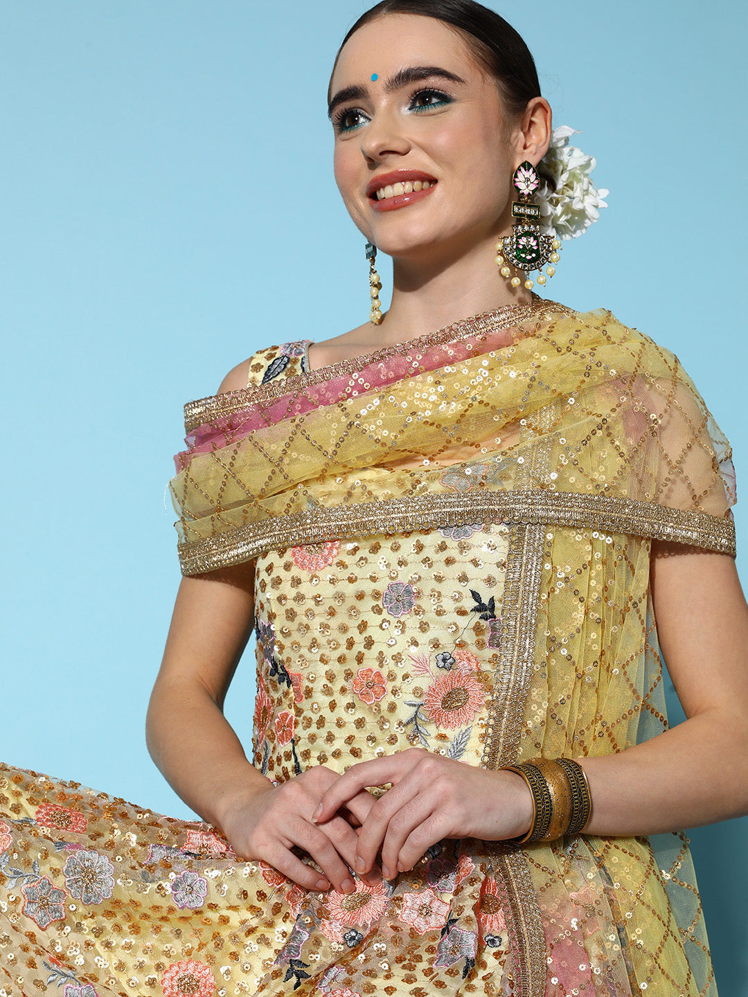 Pale Yellow Sequin & Resham Floral Embroidered Peplum Sharara Set