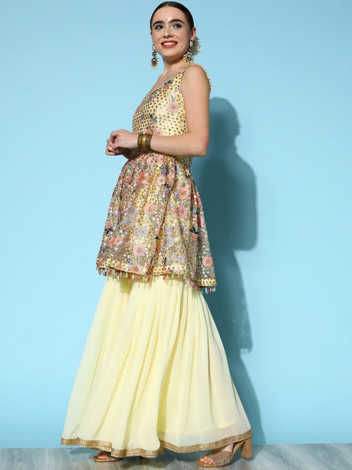 Pale Yellow Sequin & Resham Floral Embroidered Peplum Sharara Set