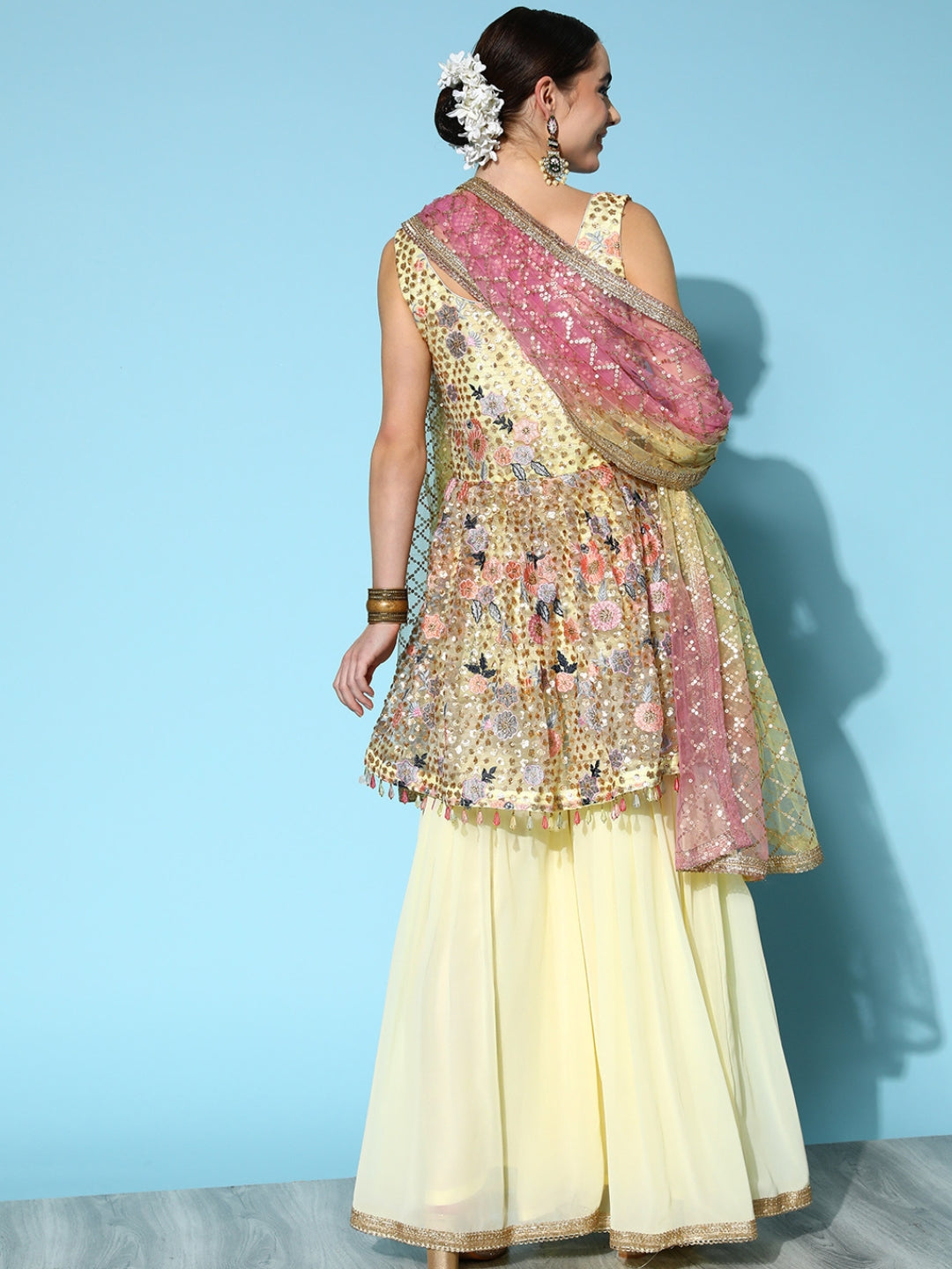 Pale Yellow Sequin & Resham Floral Embroidered Peplum Sharara Set