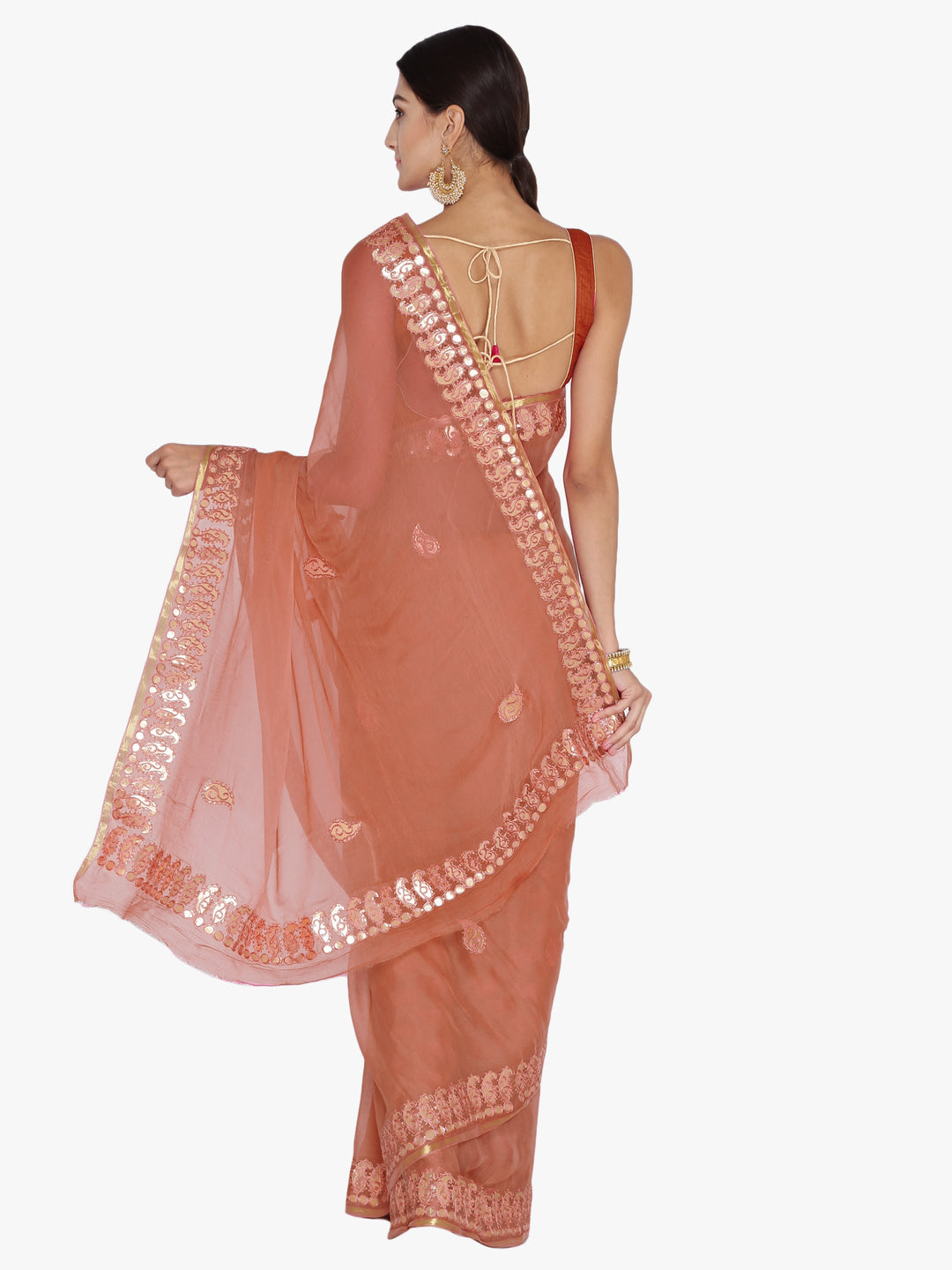 Burnt Sienna Brown Chiffon Gotta Patti Work Solid Embellished Saree